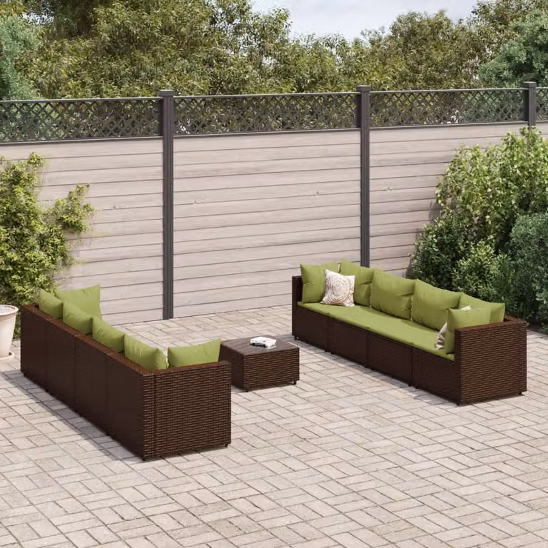 vidaXL Set Divani da Giardino 9 pz a Forma a L con Tavolino in Vetro e Cuscini, Polyrattan Marrone e Verde