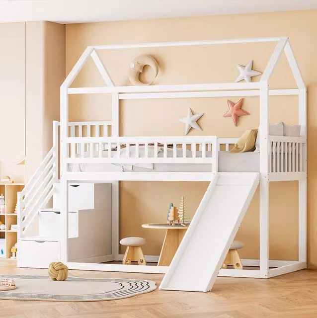 Letto a castello per bambini 90x200 cm con scivolo, scaletta con contenitore e struttura in legno massiccio bianco