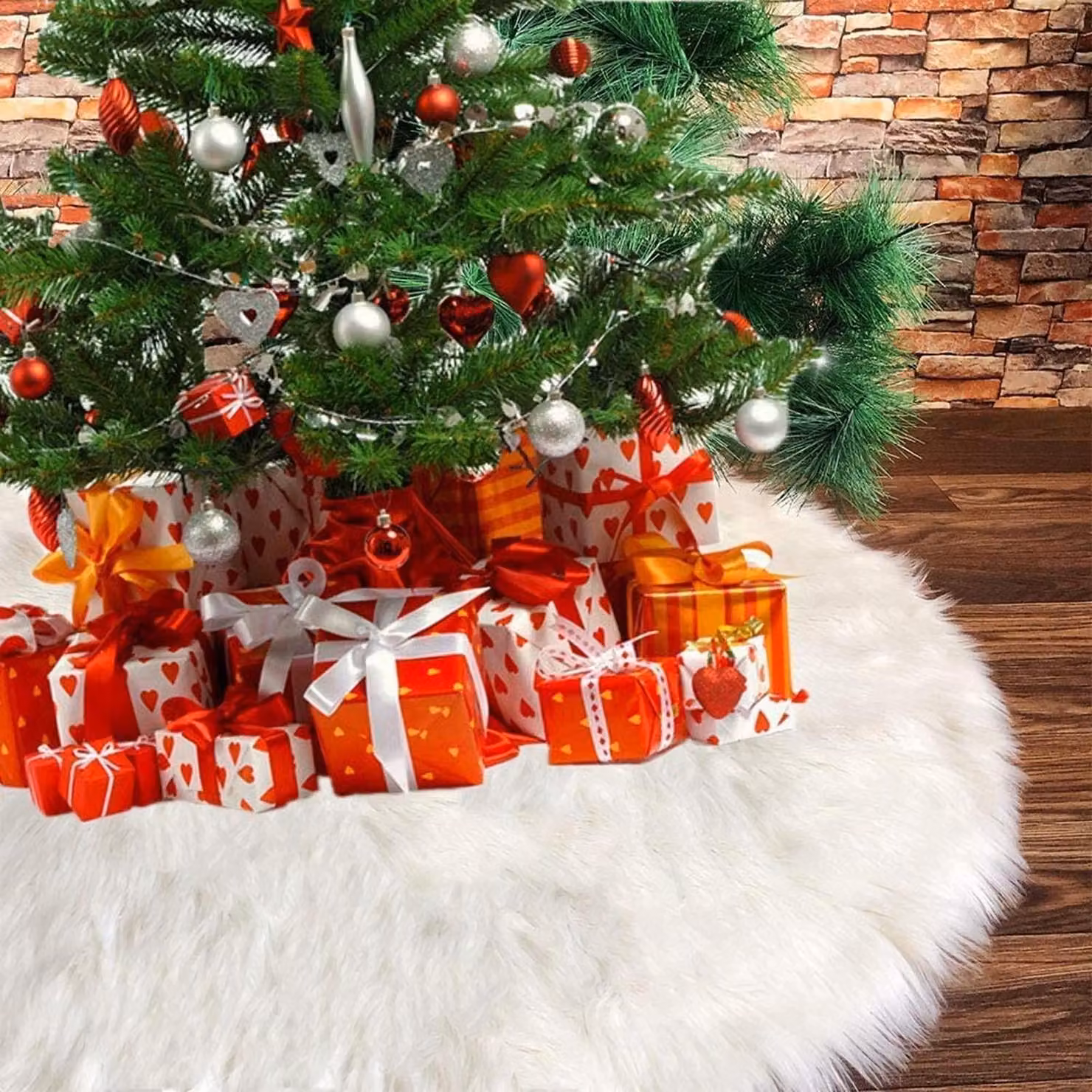 Decorazione circolare per albero di Natale, colore bianco, realizzata in ecopelliccia, diametro 122 cm