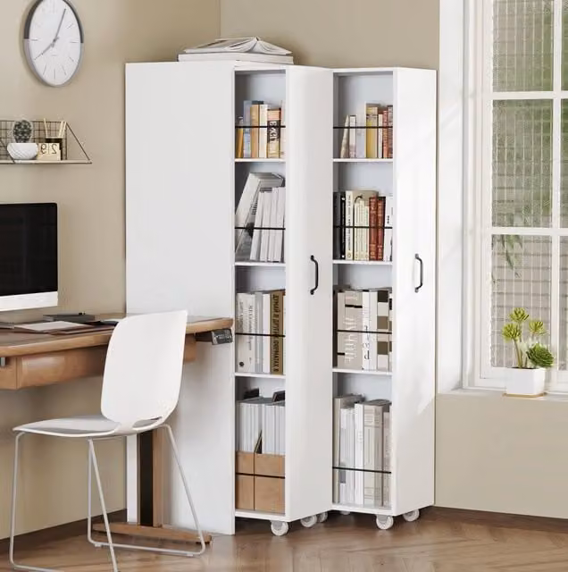 Libreria estensibile ULEVR 51,5x41x158 cm con ruote, 4 ripiani per modulo e barre metalliche, bianca