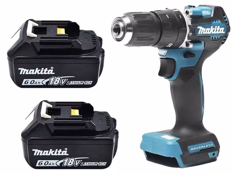 Trapano elettrico, motore brushless, due livelli di velocità, 2 batterie e set di accessori