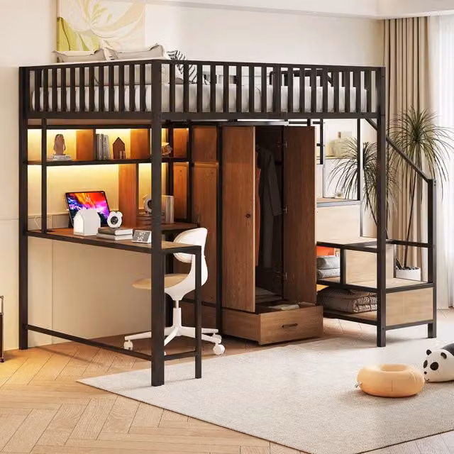 Letto a castello in metallo - Zephmum- 140x200 cm- Nero- Con scrivania, libreria, armadio e cassetti