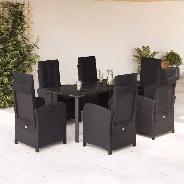 Set da Pranzo da Giardino vidaXL in Polyrattan Nero con Cuscini e Tavolo in Vetro, 7 Pezzi – 1