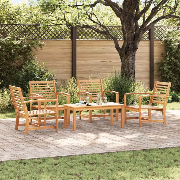 Set Divano da Giardino vidaXL in 5 Pezzi in Legno di Teak Solido Marrone con Cuscini e Tavolino da Esterno