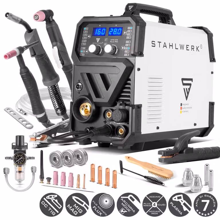 Saldatrice ad arco schermato a gas STAHLWERK 6-in-1 Combi CTM-416 Puls Pro - CUT, TIG, MIG/MAG, PULS, MMA (E-Hand/ARC), FLUX fino a 160 A, plasma cutter fino a 40 A