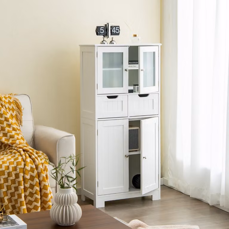 Armadio da bagno freestanding Costway bianco con ante in vetro, cassetti e ripiani interni