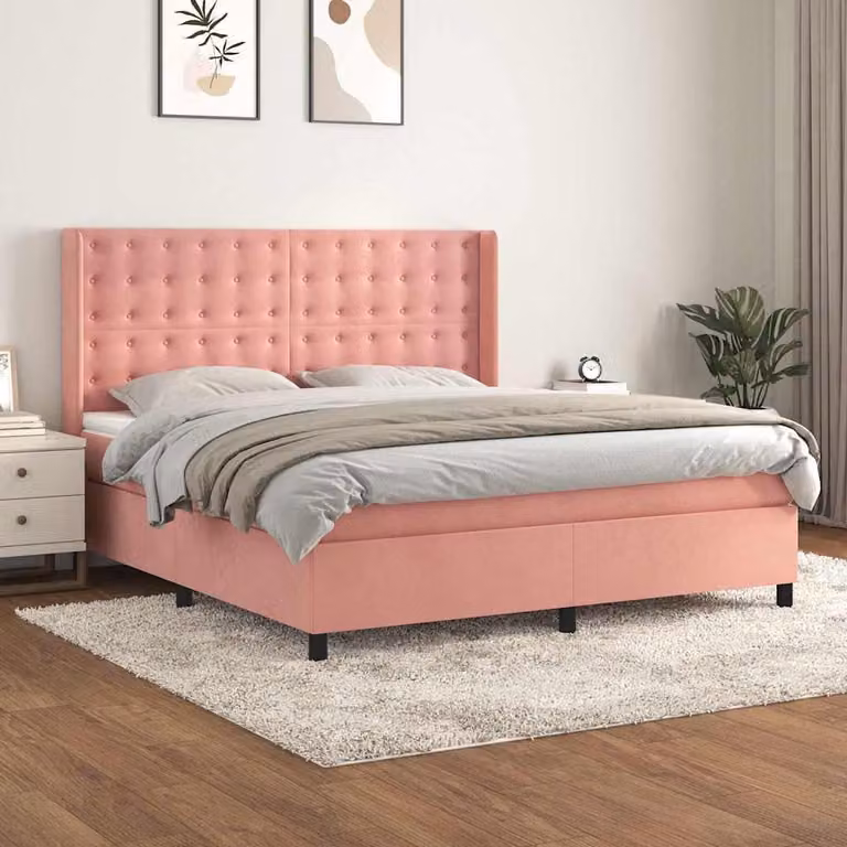 vidaXL Giroletto a Molle con Materasso in Velluto Rosa e Bianco, L/P: 160 x 200 cm