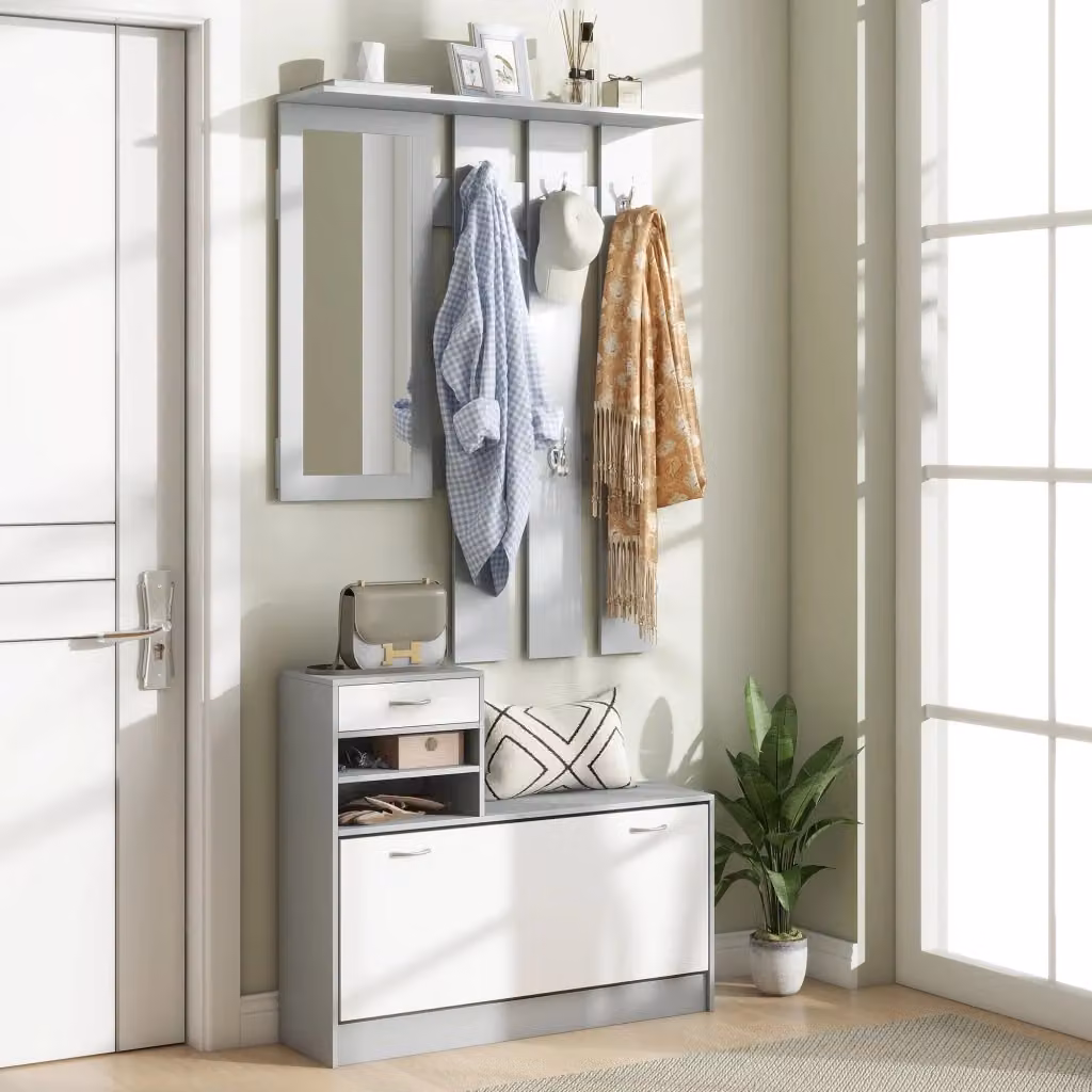 Mobile Guardaroba per Ingresso GIORDANOSHOP con Specchio, Scarpiera e Appendiabiti, Bianco e Grigio, L: 90 cm, P: 24 cm, H: 177 cm – 2