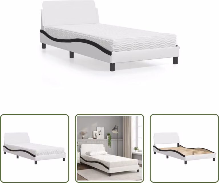 The Living Store Letto con materasso bianco e nero 100x200 cm in ecopelle