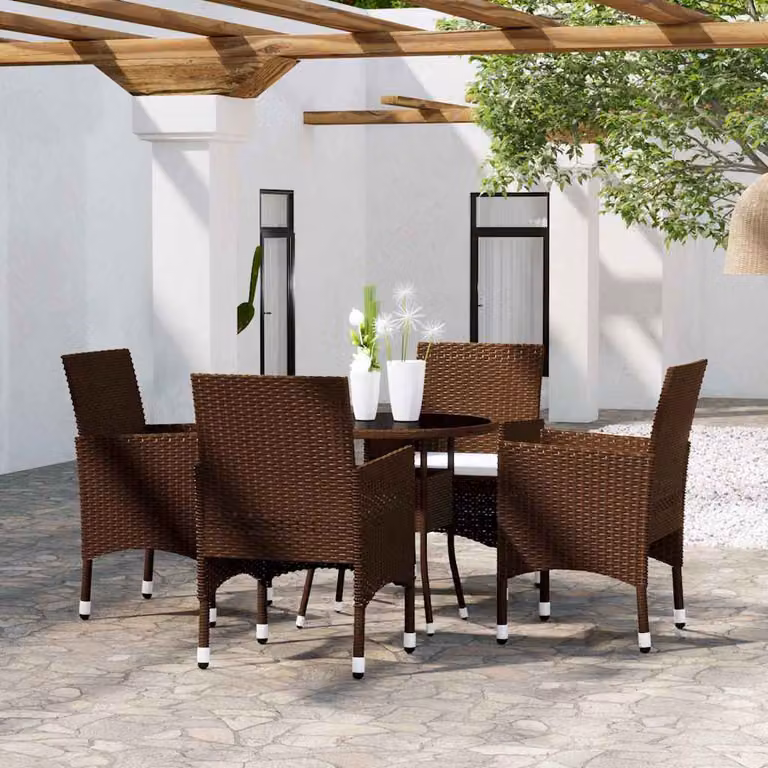 Set da Pranzo per Giardino e Terrazzo vidaXL in Polyrattan Marrone con Tavolo Rotondo in Vetro e 5 Sedute