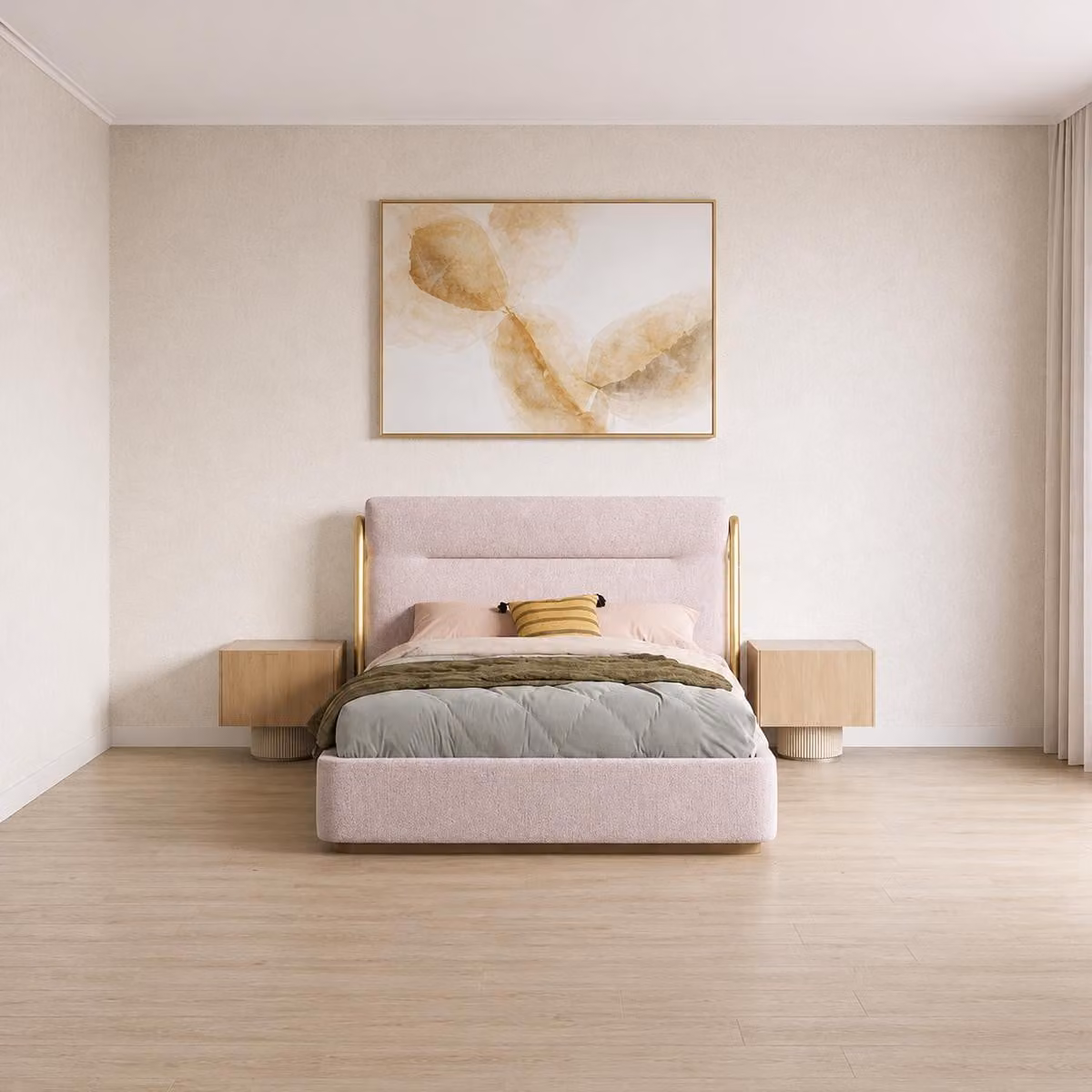 Set moderno per camera da letto, completo di letto imbottito e 2 comodini, color beige