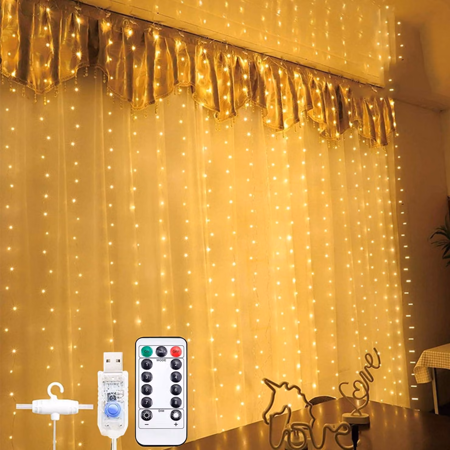 Tenda luminosa a LED, 3x3 metri, 300 LED, luce calda, alimentazione USB, grado di protezione IP65, telecomando