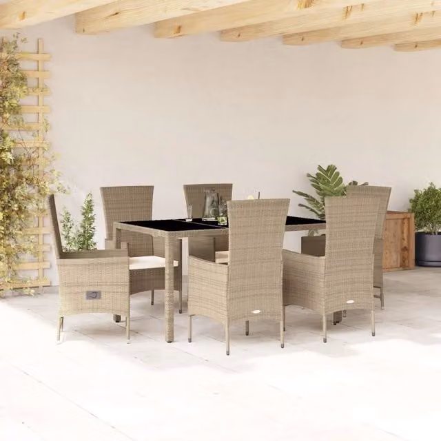 Set da Pranzo da Giardino 7 pz con Cuscini Beige in Polyrattan 3277577
