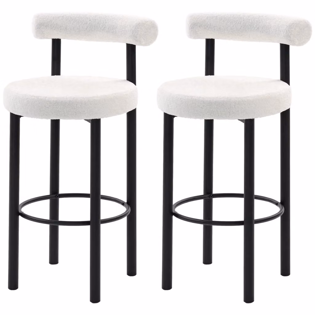 Sgabelli da bar Minimal in tessuto bouclette bianco con schienale curvo e poggiapiedi, L: 50 cm, P: 52.5 cm, H: 98 cm – 2