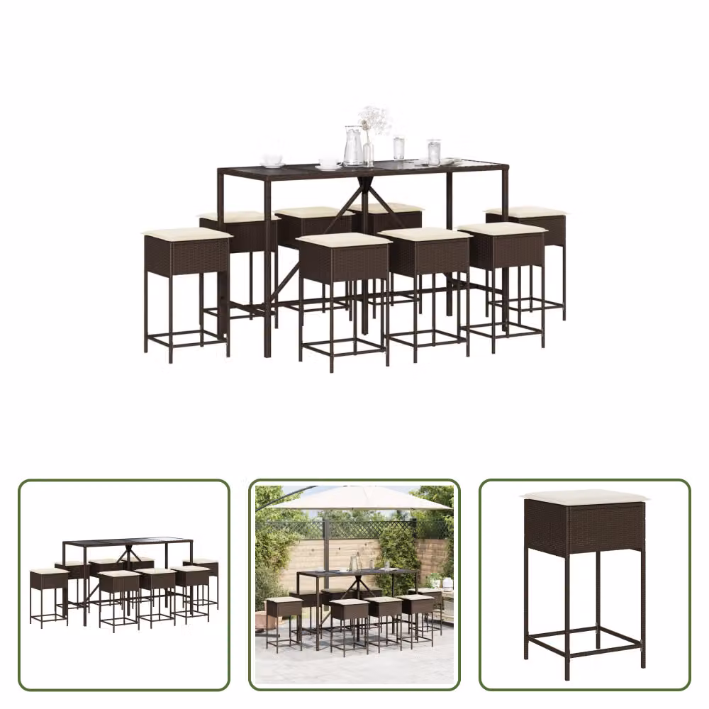 The Living Store Set bar da giardino 9 pezzi con cuscini in poly rattan marrone