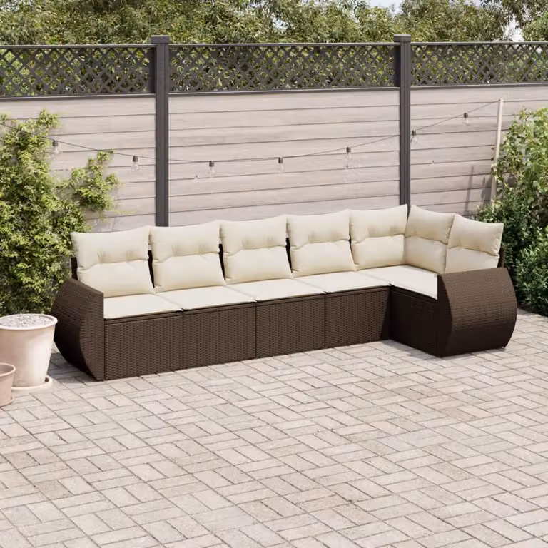 vidaXL Set Divano da Giardino a L 6 pz con Cuscini Marrone e Bianco in Polyrattan e Acciaio
