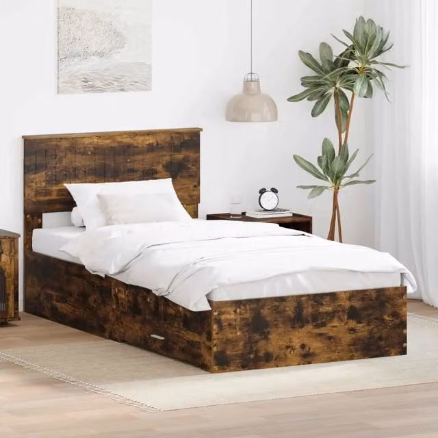 Struttura letto moderno vidaXL in legno color rovere fumo con cassetti L/P/H: 210 x 100 x 90 cm – 1