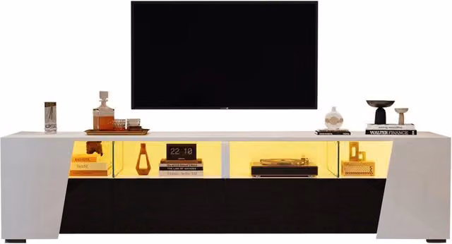 Mobile TV in MDF lucido bianco e nero con illuminazione LED e 2 cassetti, 180x38,5x45 cm, fino a 80 pollici