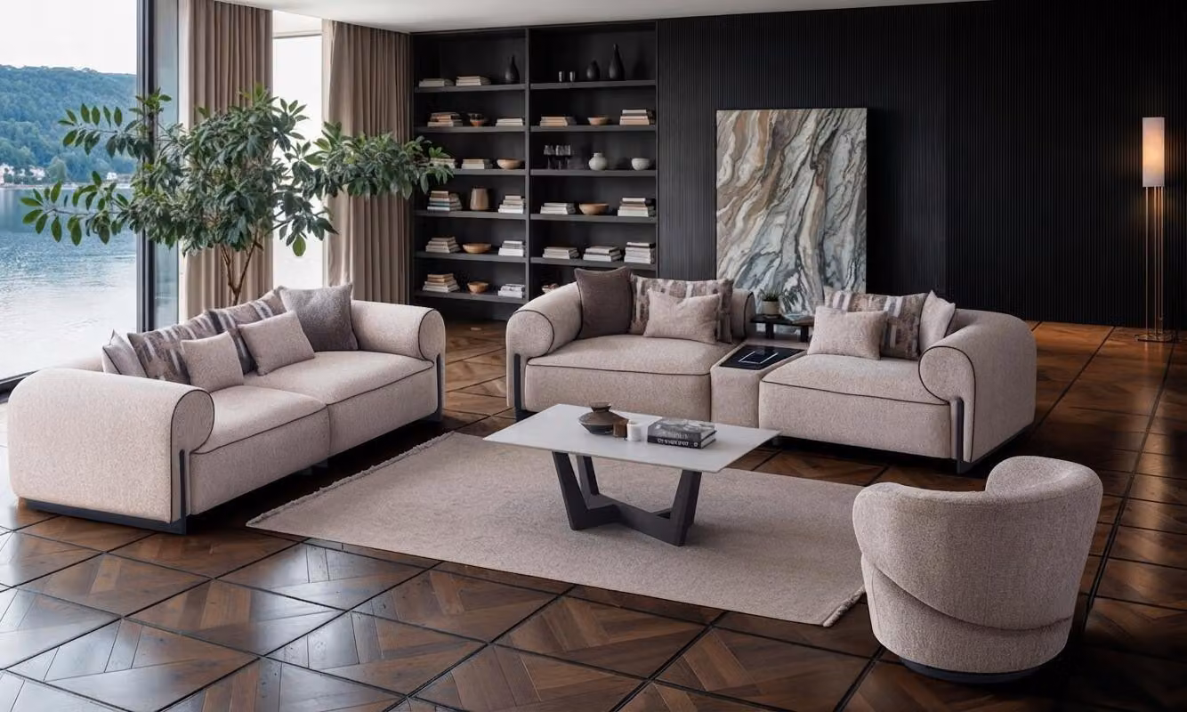 Beiges Modernes 3-Sitzer Sofa Set mit 2 Sofas und Sessel Holzrahmen