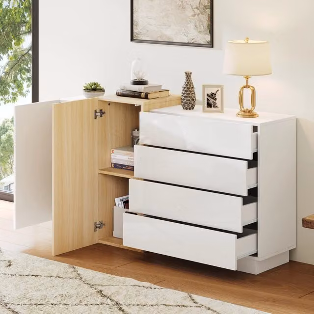 Credenza moderna Zephmum bianca lucida con schienale in legno e cassetti soft close