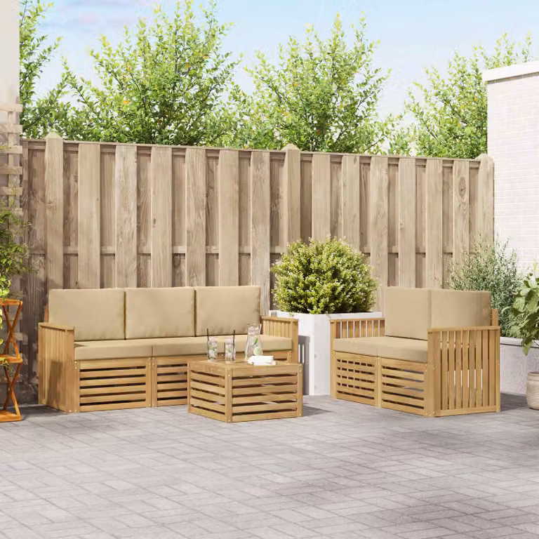 Set di divani da esterno vidaXL a forma di L con tavolo da caffè, composto da 6 pezzi in legno di acacia e tessuto bianco e beige