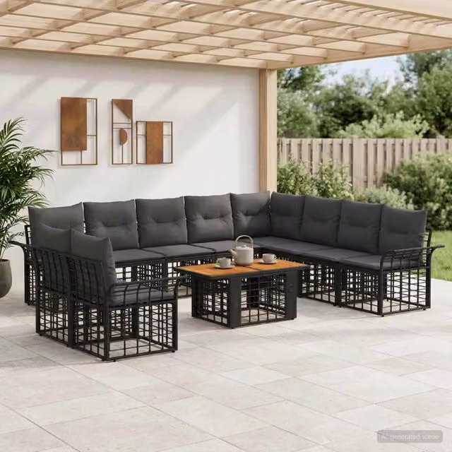 Set Divano da Giardino 11 pz Nero e Grigio scuro polyrattan 3437993