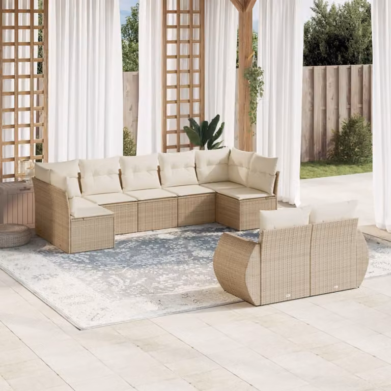 vidaXL Set Divano da Giardino 9 pz in Polyrattan con Cuscini Beige e Bianchi