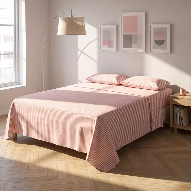 Completo letto matrimoniale righe fiocchi corallo