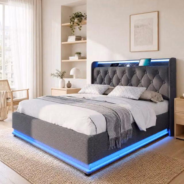 Letto contenitore 160x200 cm grigio in lino con LED e ricarica USB Type-C, senza materasso