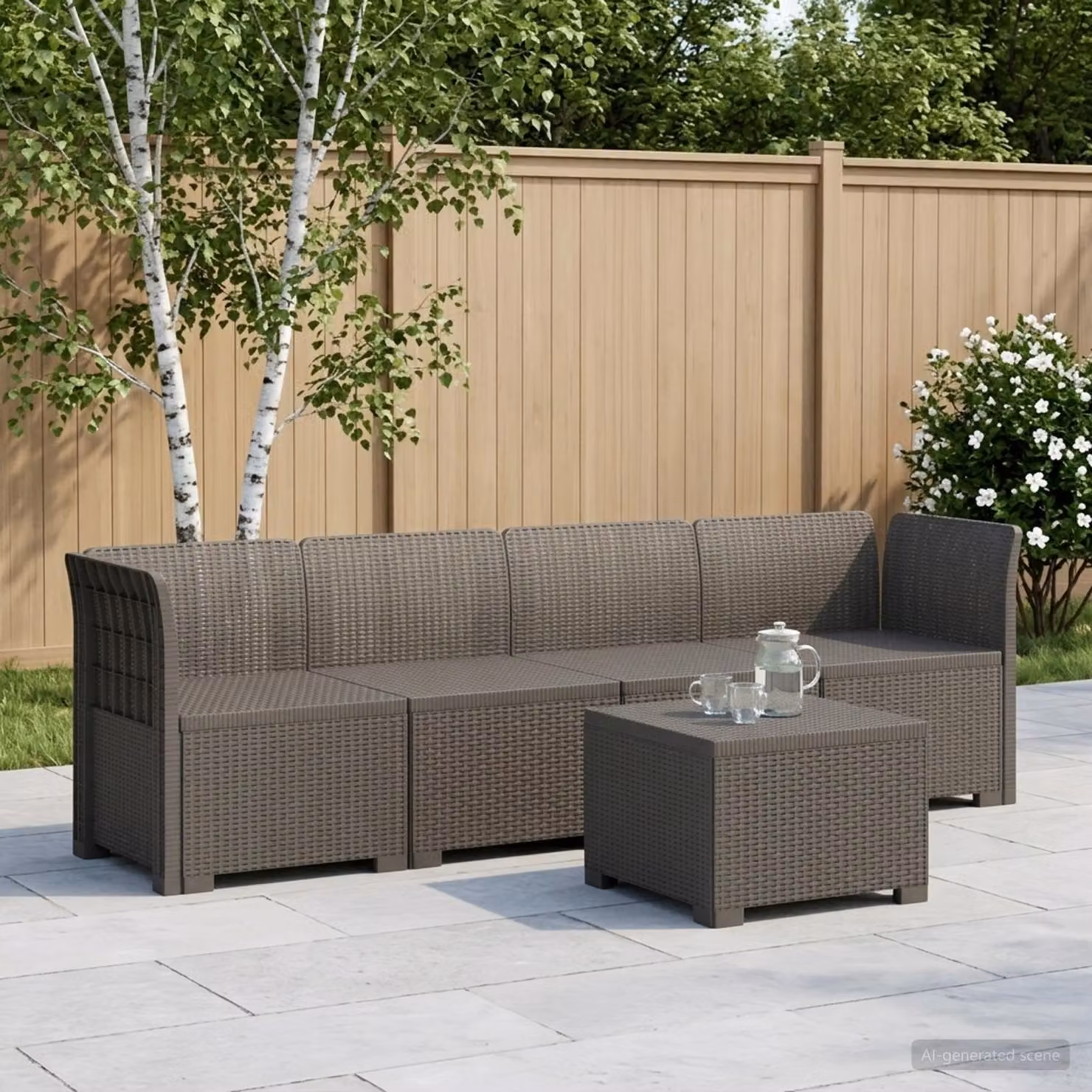 Set da giardino vidaXL composto da divano da esterno a 4 posti, elemento angolare e tavolino da caffè, in stile rattan moderno colore grigio con cuscini inclusi