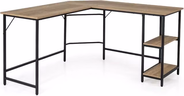 Scrivania angolare a L Design Mania per ufficio e casa, struttura in metallo e ripiano in MDF laminato, Colore Marrone e Nero, L: 138 cm – 1