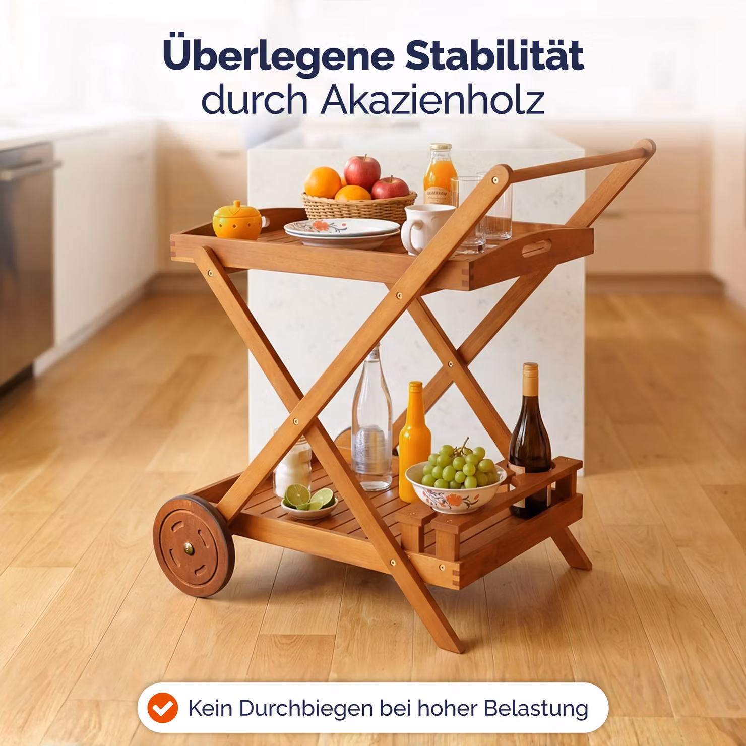 Carrello Casaria® in legno di acacia marrone con ruote L: 82 cm, P: 60 cm, H: 90 cm – 2