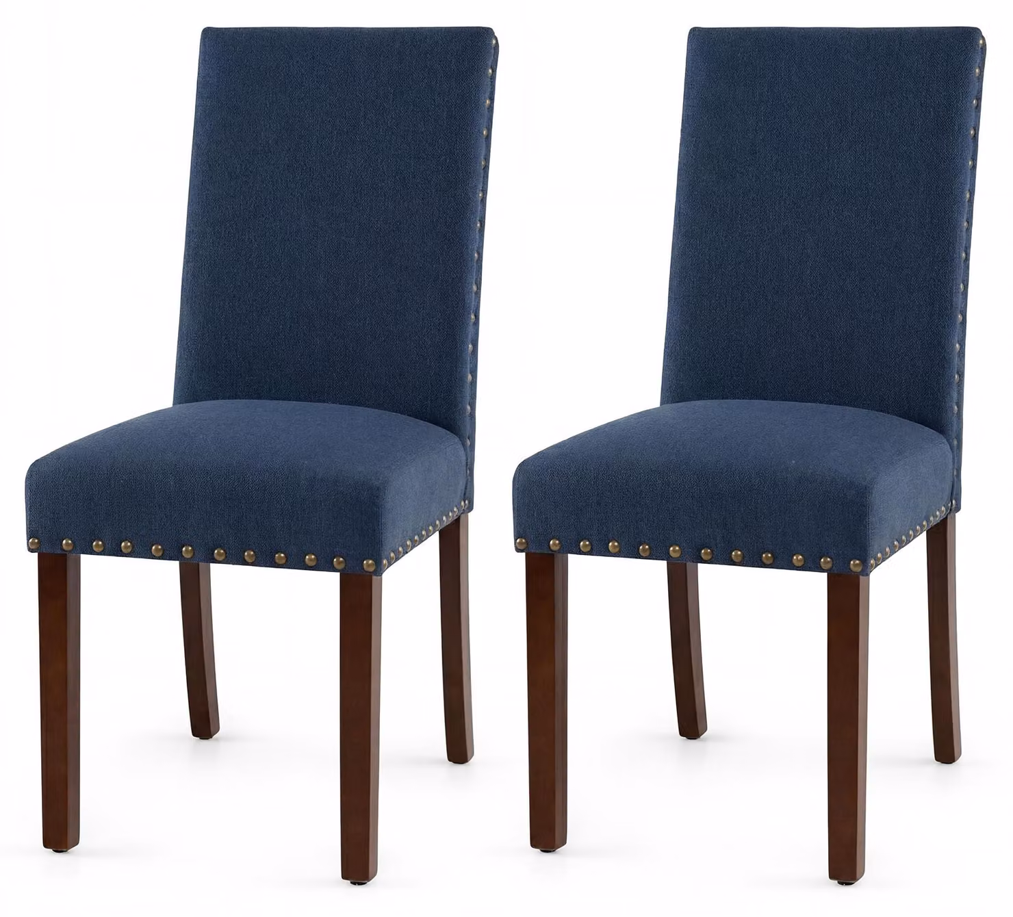 Set di 2 sedie da pranzo imbottite, ideali per la cucina o il soggiorno, con schienale ergonomico e gambe robuste in legno di gomma. Le sedie sono rivestite in tessuto e presentano dettagli decorativi a forma di testa di chiodo. Supportano un peso massimo