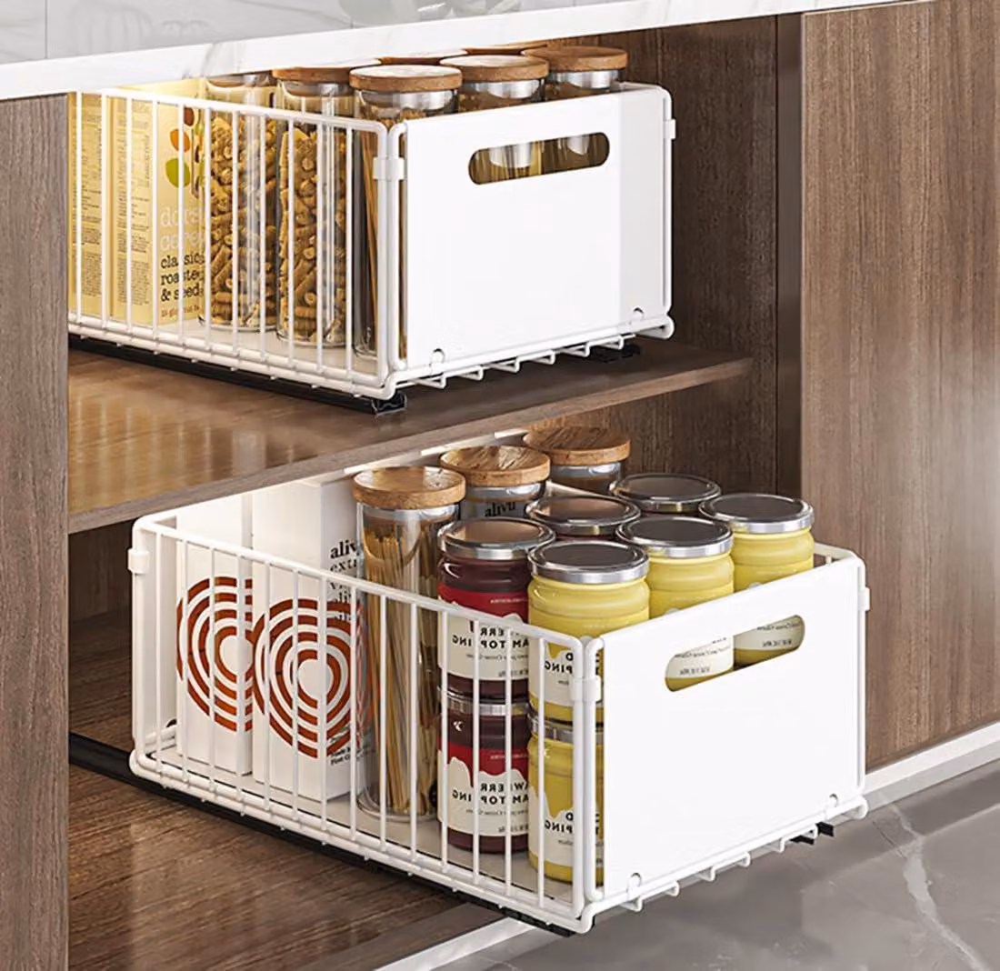 Organizzatore estraibile per armadi, dimensioni 38x25x19 cm, Acciaio al carbonio, 2 scomparti, colore bianco, per la cucina