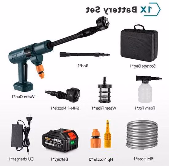 Idropulitrici elettriche - 200 bar - motore brushless da 3500W - design portatile - ugello 6-in-1 - per auto, giardino e terrazza - facile da usare - 1 batteria con 1 caricabatterie