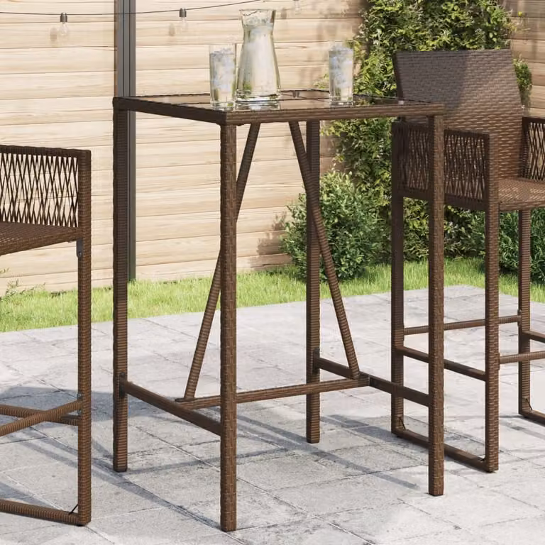 vidaXL Tavolo da bar moderno per esterno in polyrattan e vetro, marrone, L/P/H: 70 x 70 x 110 cm