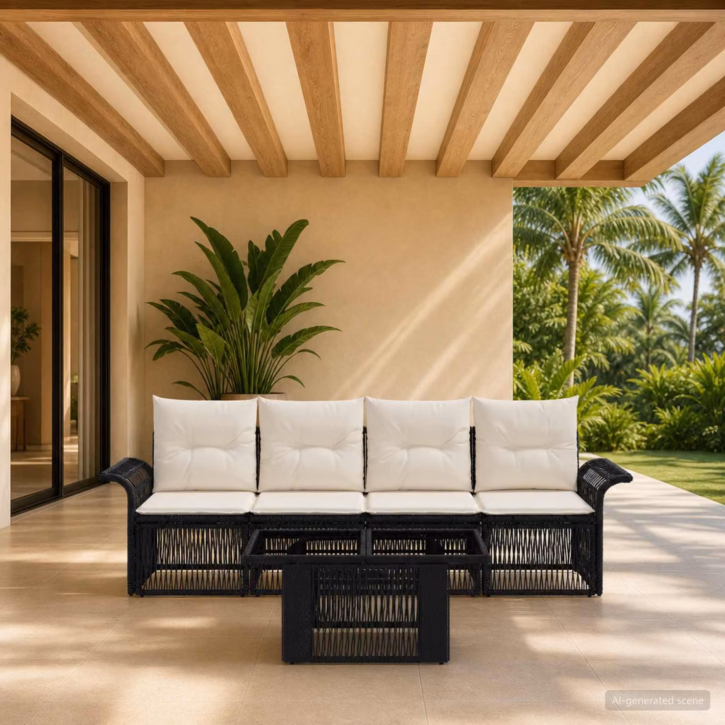 Set Divano da Giardino vidaXL 5 Pezzi in Polyrattan Nero e Bianco Crema con Cuscini e Tavolino da Esterno