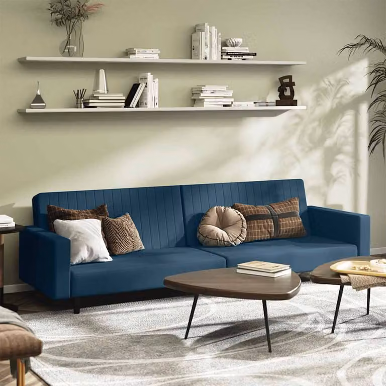 vidaXL Divano Letto Click-Clack a 2 Posti in Velluto Blu con Struttura in Legno Solido e Poggiatesta Regolabile