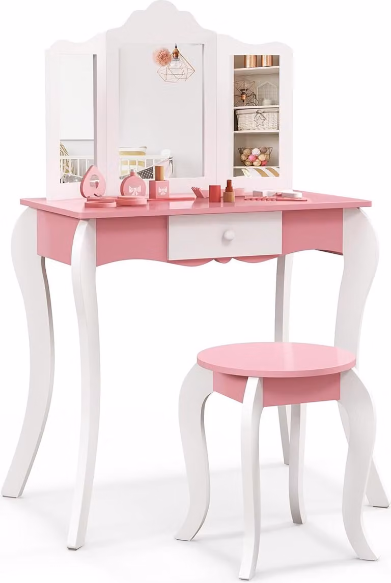 COSTWAY Tavolino da toilette per bambini con sgabello, tavolino da toilette con specchio estraibile 3 volte, tavolino cosmetico in legno per bambine con cassetto 68x42x100cm (rosa+bianco)