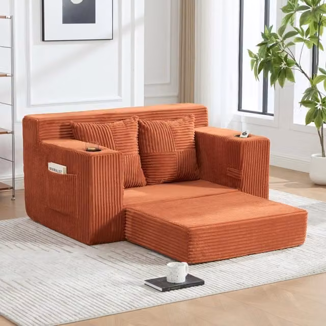 Divano letto due posti in velluto a coste arancione moderno 151 x 133 x 64 cm