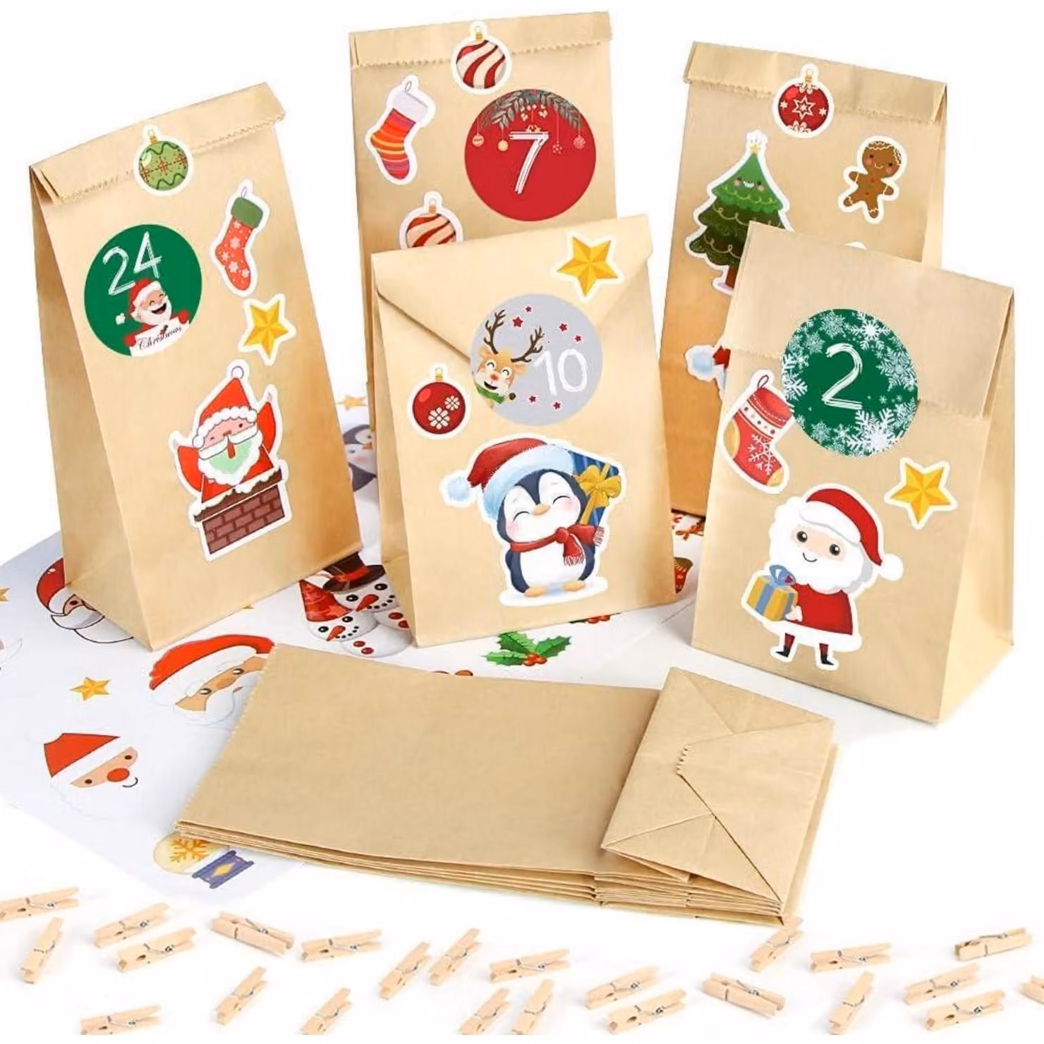Calendario dell'Avvento con 25 sacchetti di carta, numeri adesivi, ideale per progetti fai-da-te, disponibile in vari colori