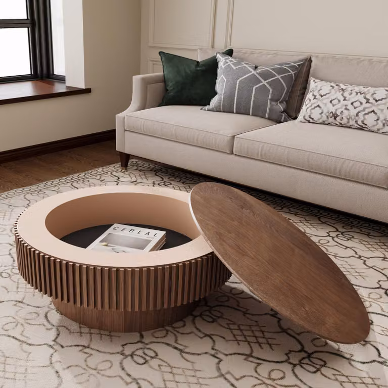 Tavolino da caffè rotondo, diametro 75 cm, con spazio contenitivo, impiallacciato in legno massello, design moderno, adatto per soggiorno, camera da letto o ufficio. Finitura noce