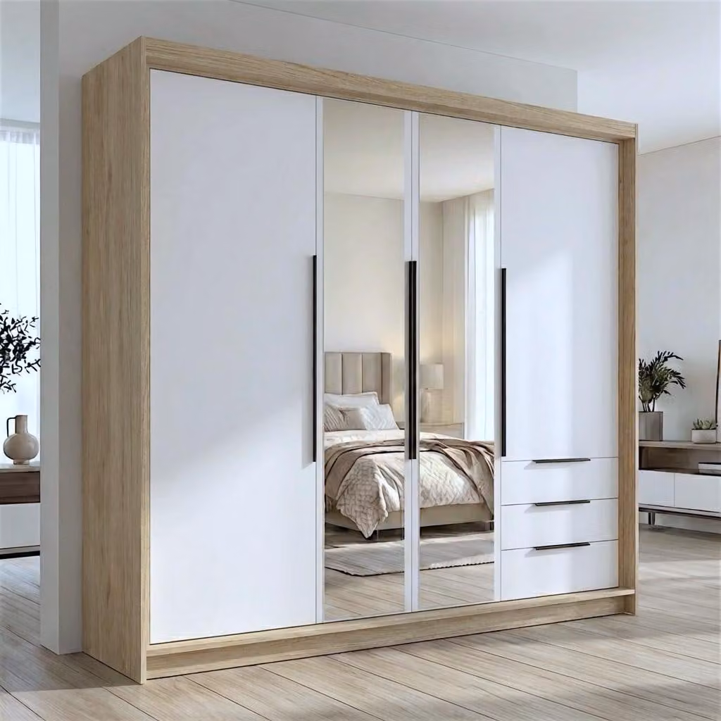 Spazioso armadio a quattro ante VIVO con cassetti e maniglie in metallo – design moderno