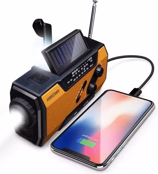 Radio di emergenza portatile FosPower arancione con ricarica solare, manuale e USB, funzione power bank 2000 mAh, allarme SOS e torcia LED per escursioni