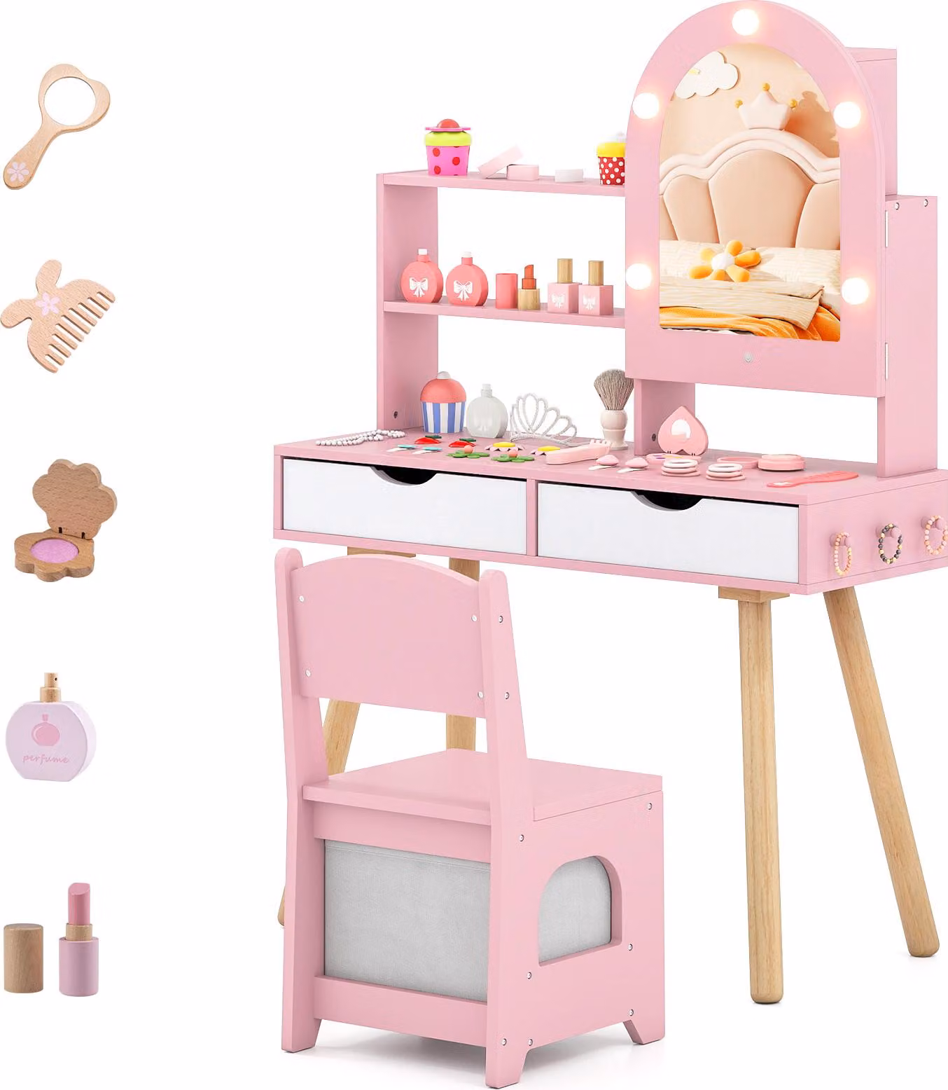 COSTWAY Set da toilette per bambini, toilette con specchiera a LED, 2 cassetti, 3 ganci e accessori, toilette per bambini in legno, per bambine 3+rosa