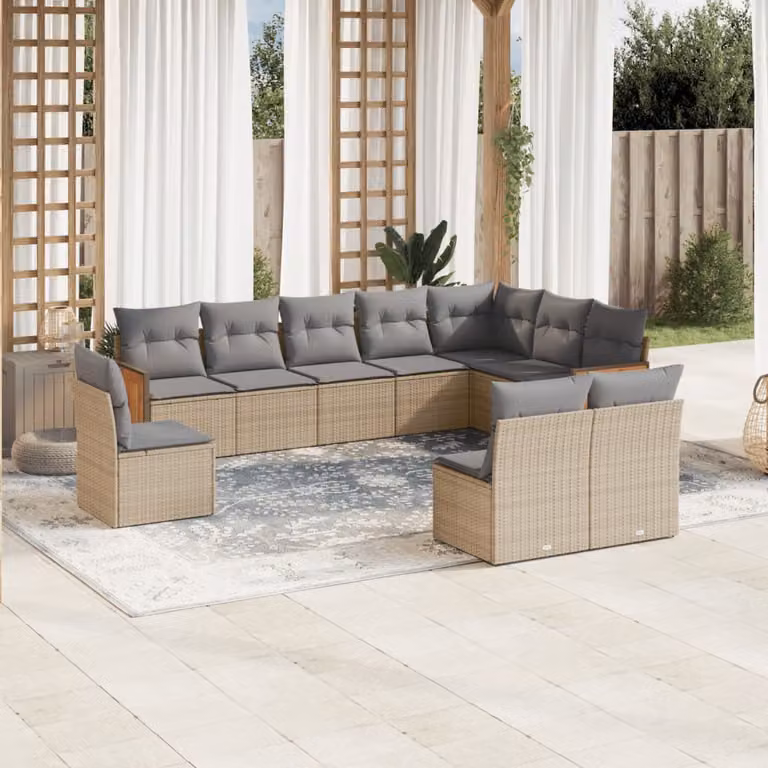 Set Divano da Giardino vidaXL 10 pz in Polyrattan con Cuscini Beige e Grigio per Terrazza e Giardino