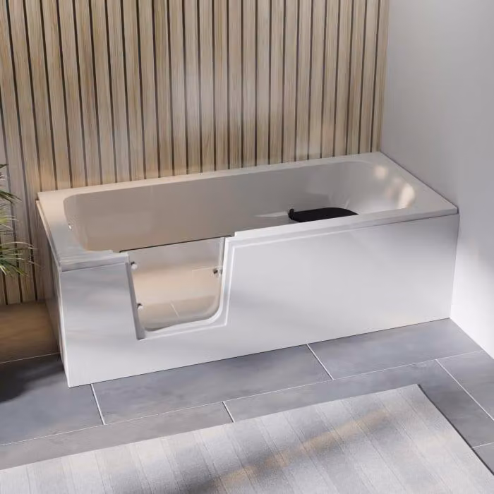 Vasca da bagno Steinkamp con ingresso facilitato, dimensioni 170 x 75 cm, porta in vetro sul lato sinistro, sistema di scarico triplo e rivestimento in acrilico