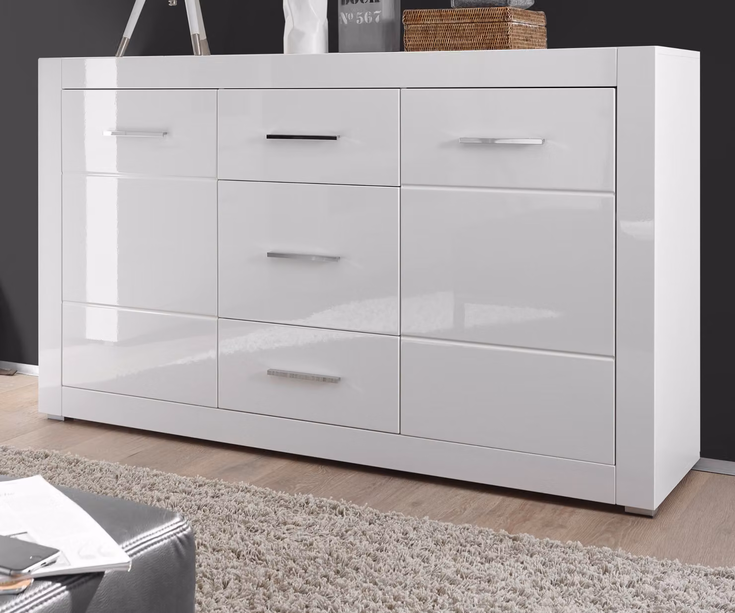 Credenza "Carrara" bianco lucido Cassettiera per soggiorno e sala da pranzo 164 x 97 cm