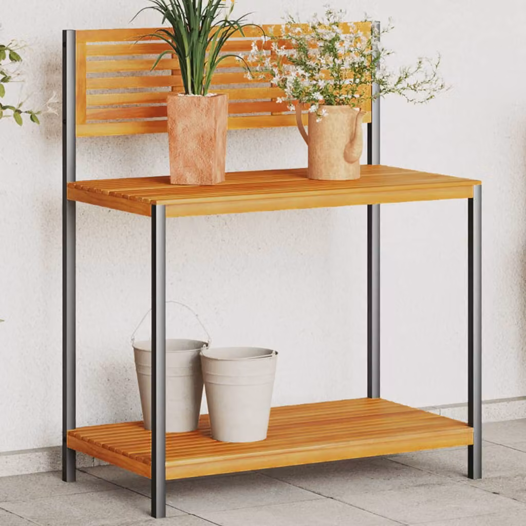 vidaXL Tavolo da Invasatura in Legno di Acacia e Acciaio, Marrone, L/P/H: 90 x 50 x 110 cm