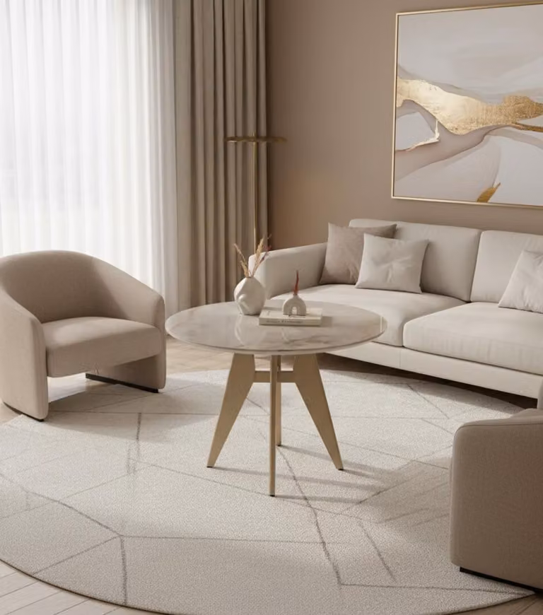 Tavolino da salotto moderno, minimalista, beige, elegante, di classe, confortevole